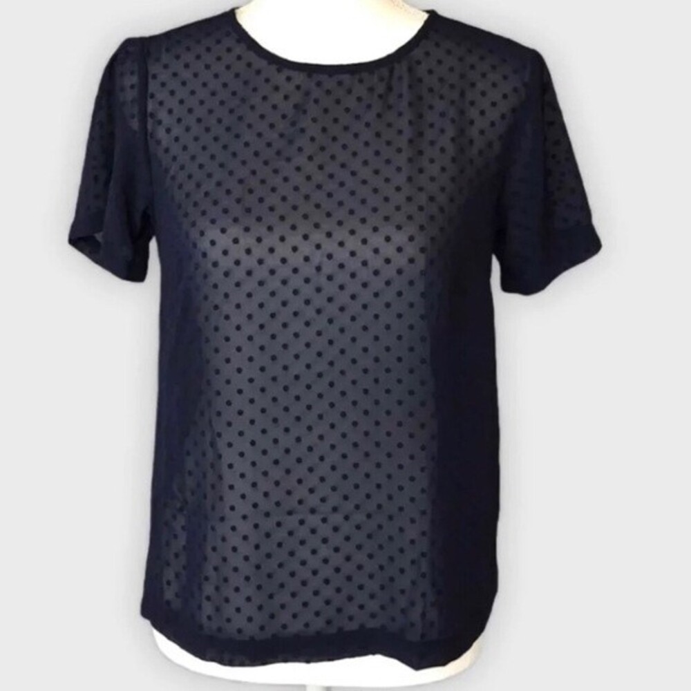 A New Day Polka Dot Sheer Mesh Navy Blue Blouse